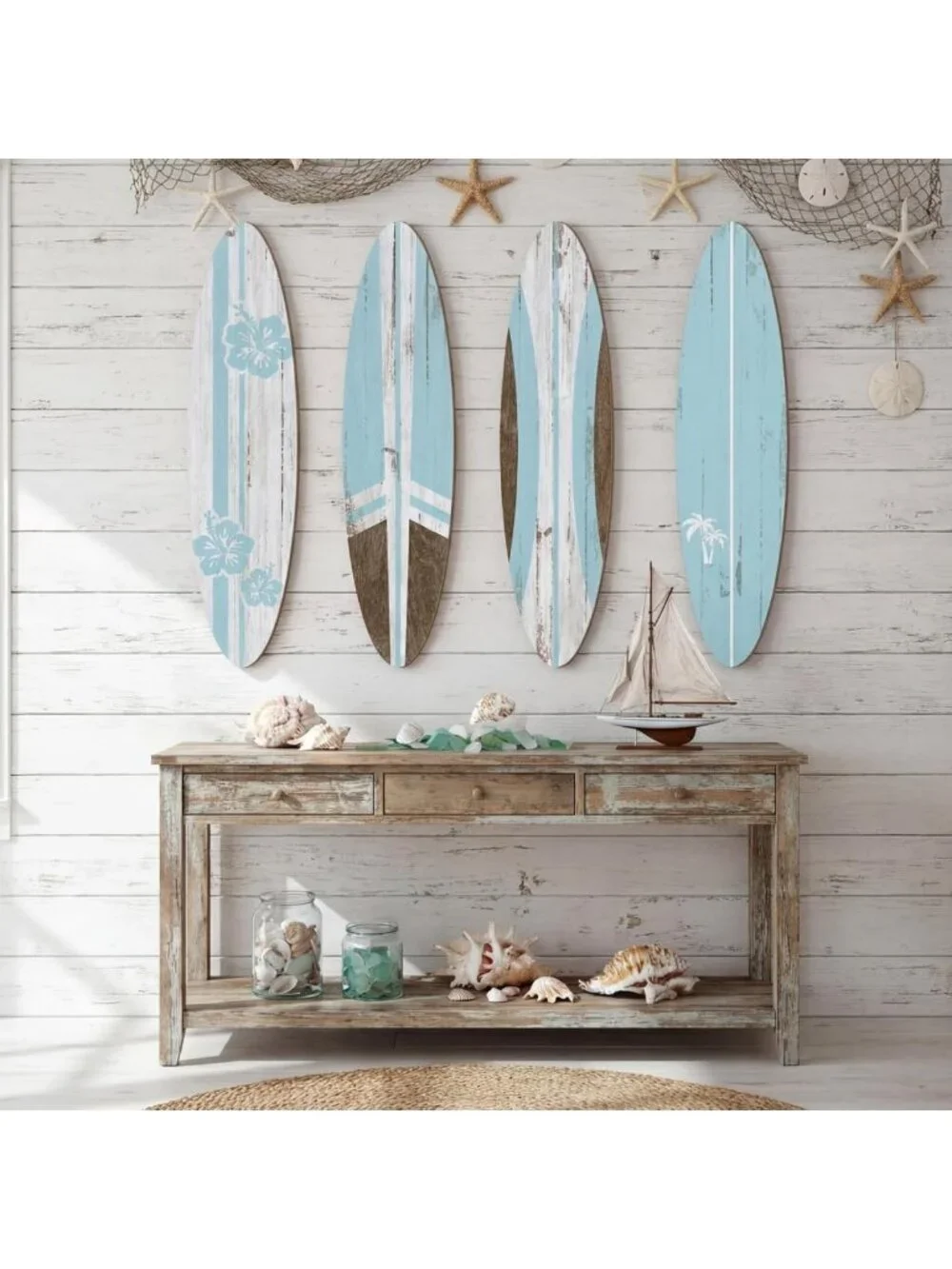 4 Pcs Large Surfboard Wall Decor - Tropical Beach Aesthetic Art for Room